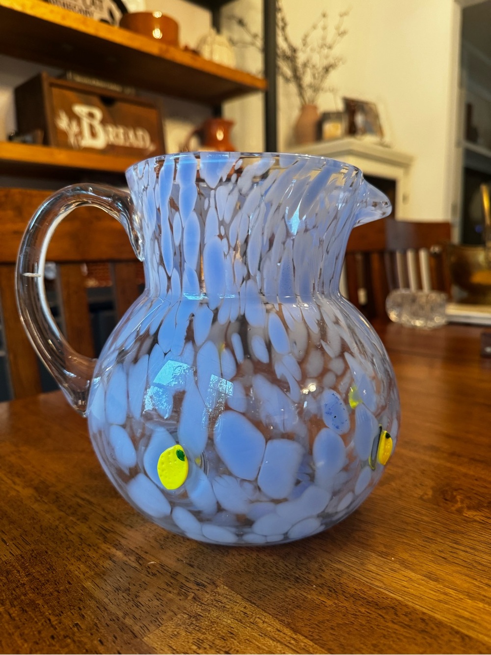 Anthropologie Mouth blown Blue & White Art Glass icon Pitcher retired
